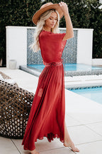 Crochet Lace Trim Kimono Sleeve Tie Waist Embroidered Maxi Dress
