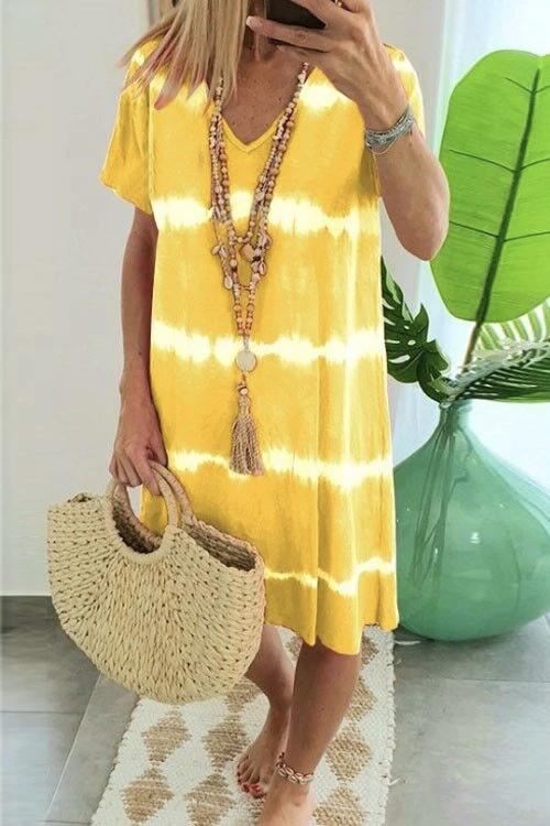 V Neck Short Sleeve Tie Dye Stripes T-shirt Dress