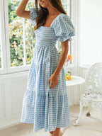Plaid Puff Sleeve U-neck Mini&Short Dresses
