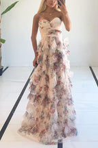 Strapless Floral Print Ruffle Layered Maxi Dress