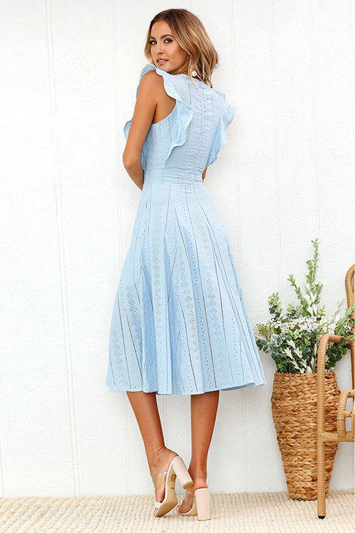 Eyelet Crew Neck Butterfly Ruffle Sleeve A-Line Midi Dress