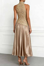 Mockneck Sleeveless Lace Splice Satin Maxi Dress