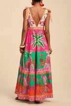 Bow Shoulder V Neck Sleeveless Printed Maxi Vacation Dress