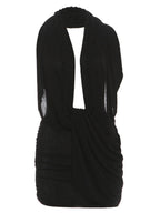 Pleated Deep V Halter Neck Exposed Backpack Buttocks Mini&Short Dresses