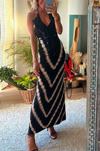 Halter V Neck Ruffle Drape Front Printed Maxi Dress