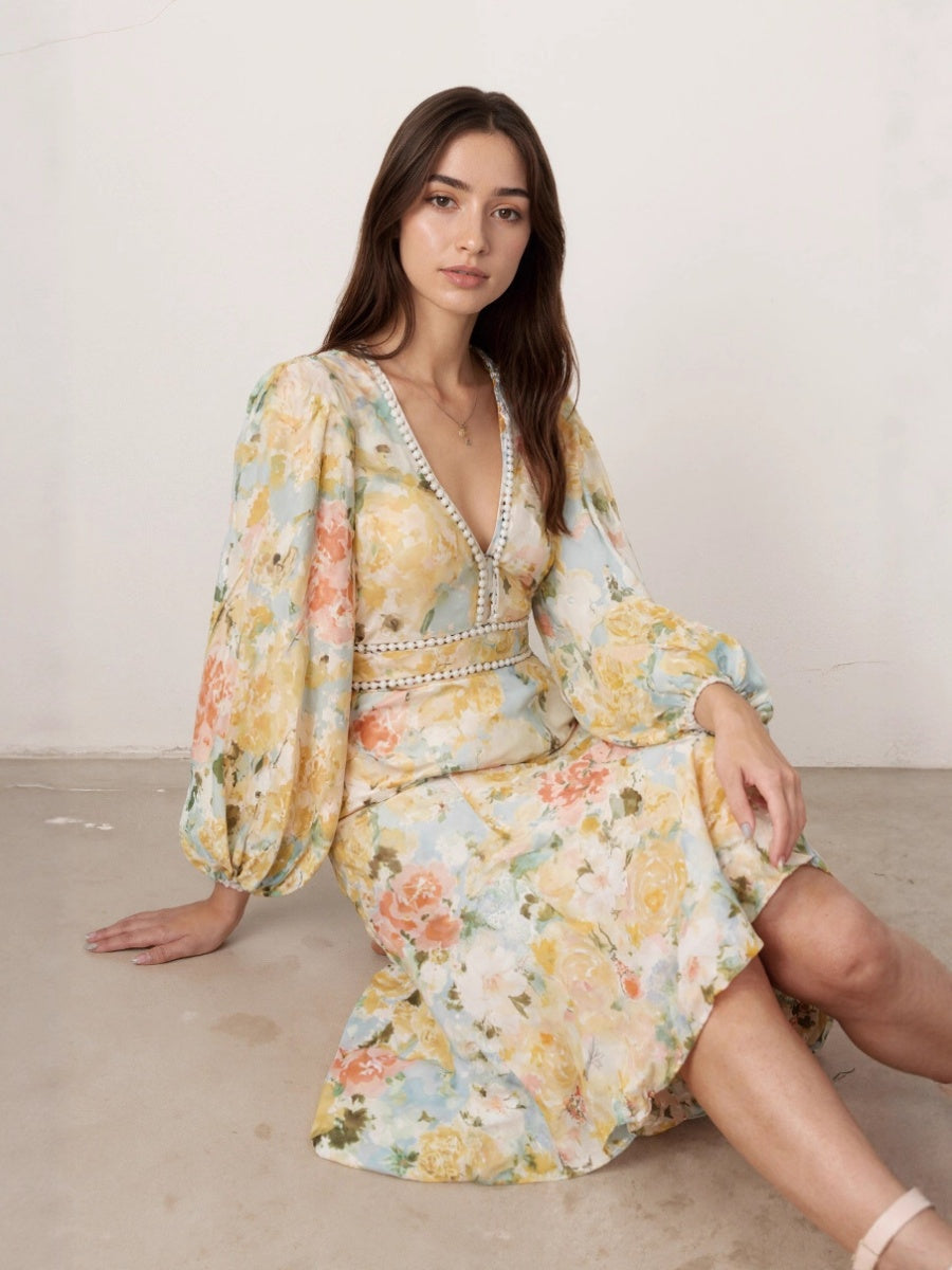 Floral Print Long-Sleeved Bodycon Slim Fit Long Dress