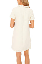Elegant Crewneck Short Sleeves Buttons Tweed Dress