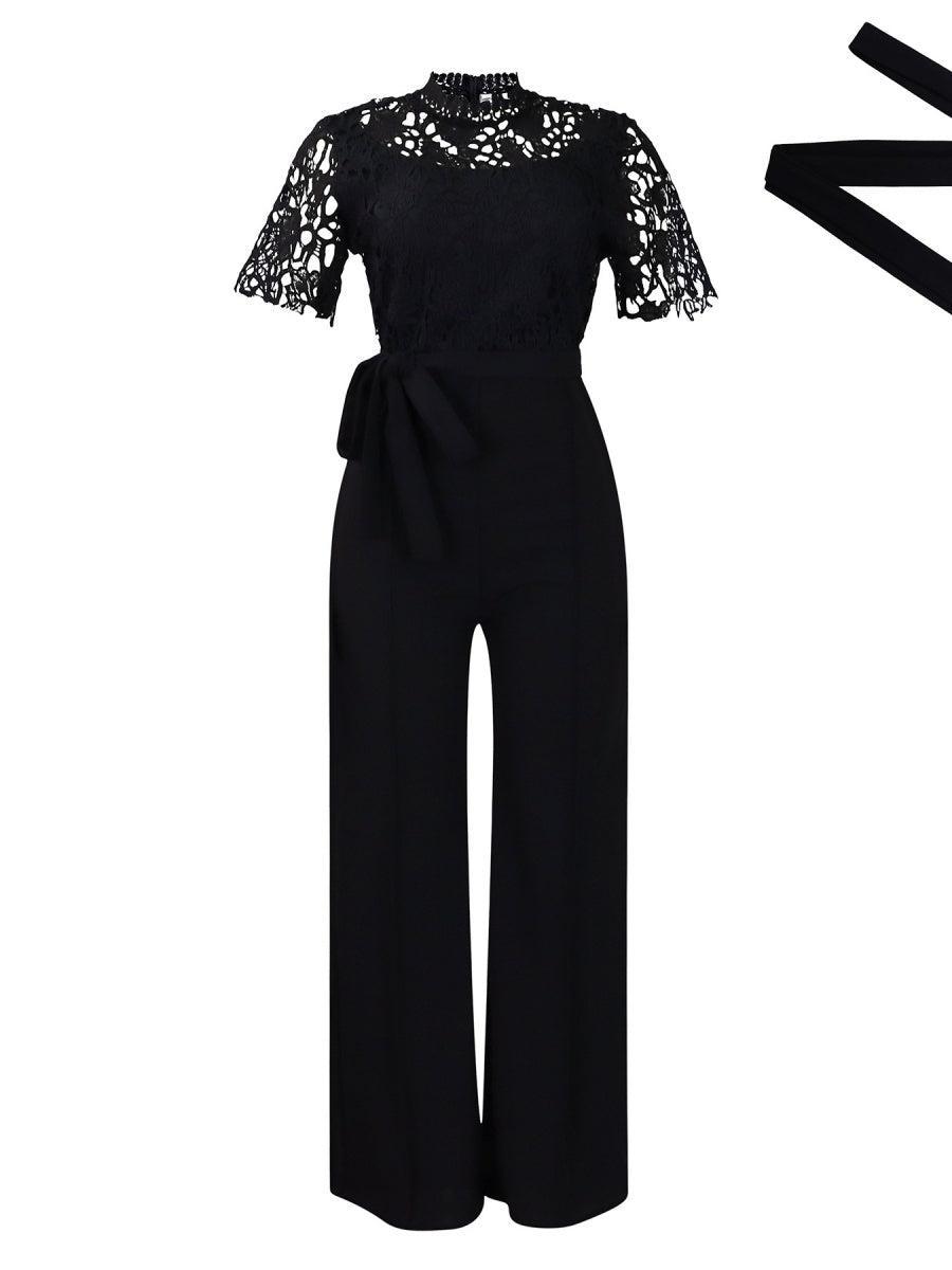 Lace Trim Hollow Short Sleeve Bandage High Waist Wide Leg Jumpsuits