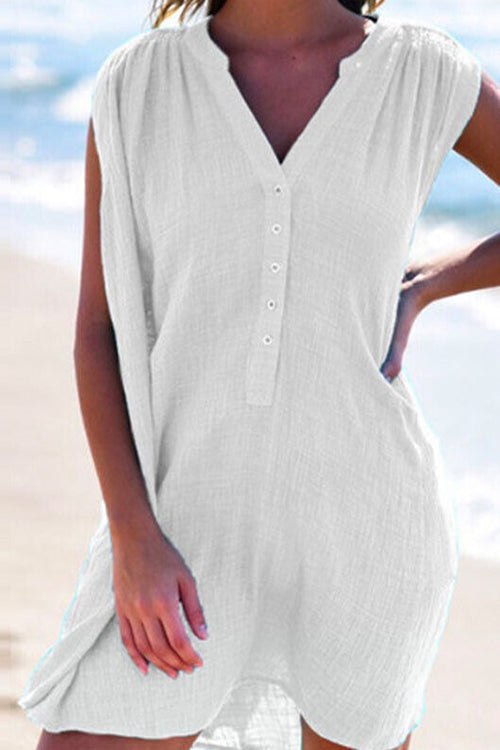 Buttons V Neck Sleeveless Ruched Beach Dress
