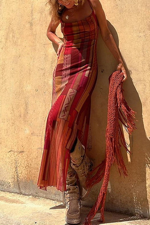 Scoop Neck Spaghetti Strap Patchwork Geometric Print Maxi Dress