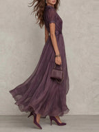 V-neck Waist Ruffle Chiffon Big Swing Maxi Dresses