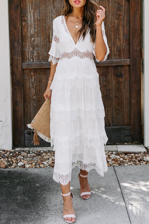 Deep V Neck Lace Trim Tiered Layered Ruffle Midi Dress