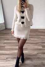 Crewneck Frayed Hem Pocketed Bow Sweater