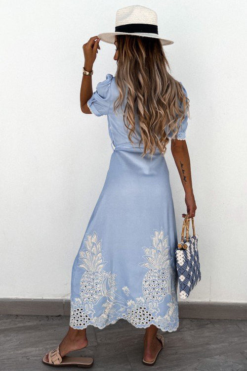 Pineapple Eyelet Embroidery Puff Sleeve Shirt Collar Button Midi Dress