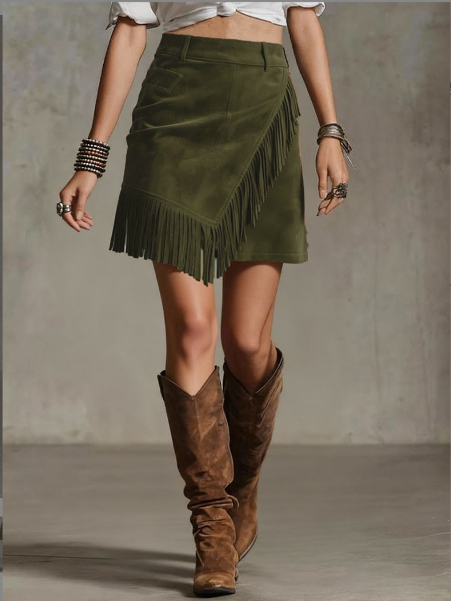 Temperament Grace Commuting Suede Tassel Skirts