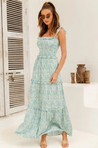 Large Floral Print Off Shoulder Smocked Ruffle Trim Three Tier Maxi Dress