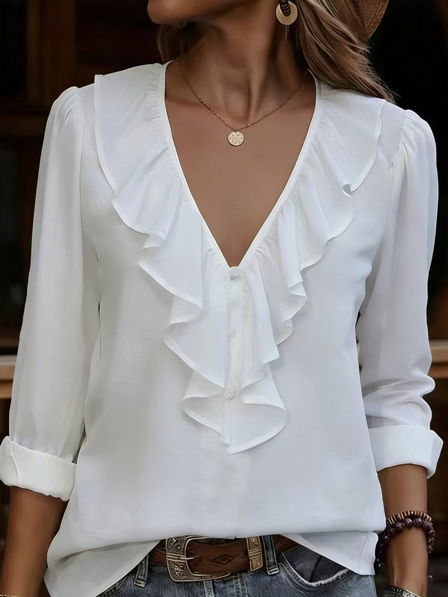 V-neck Pleated Ruffle Chiffon Blouse