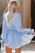 Pleated Deep V-Neck Button Front Tie Waist Lantern Sleeve Mini Dress