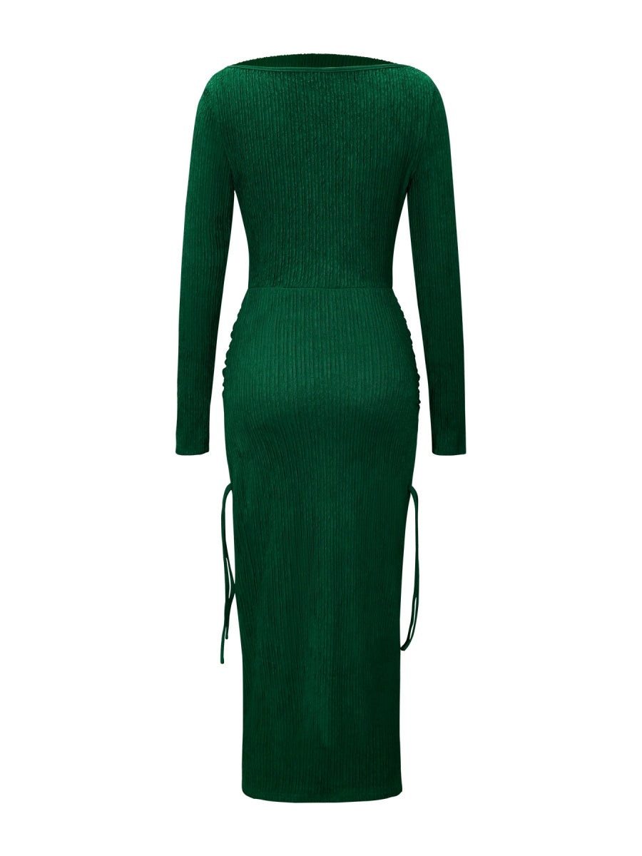 Knitting Long Sleeve High Waist Slim-fit Hip-hugging Drawstring Maxi Dresses