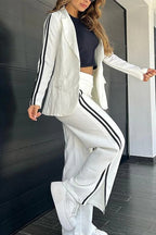 Color Block Open Front Blazer Elastic Waist Slit Wide Leg Pants Set