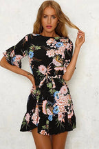 Boat Neck Ruffle Cuff Self Tie Waist Floral Ruffle Hem Mini Dress