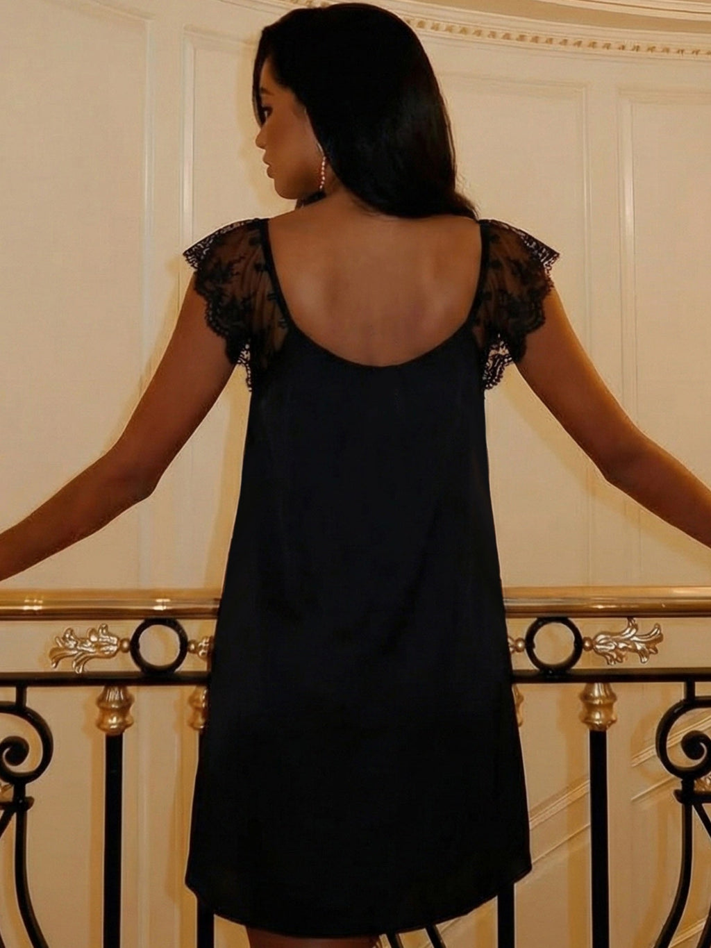 Lace Trim Square Neck Tie Satin Mini&Short Dresses