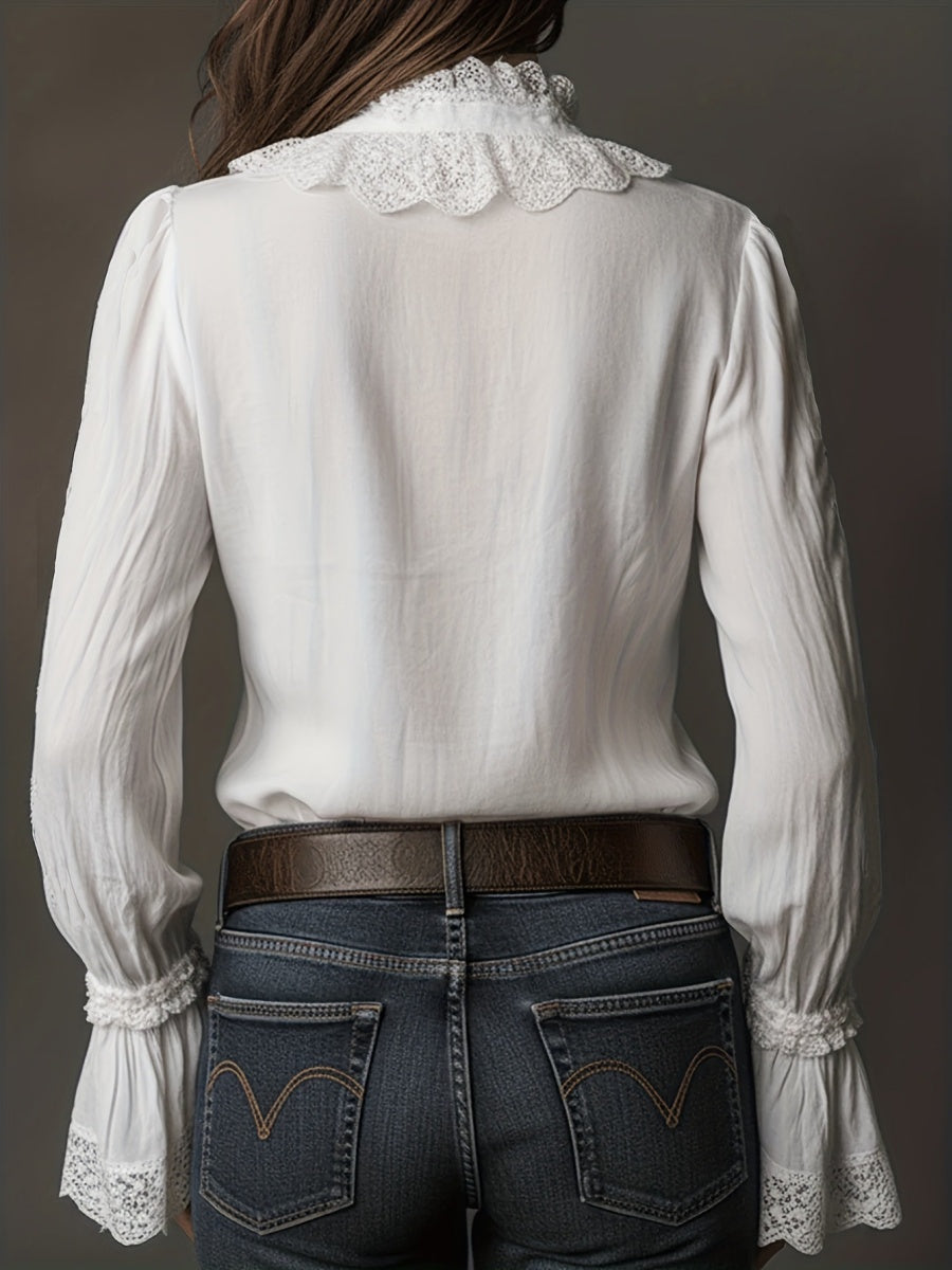 White Lace-trimmed Long-sleeved Shirt