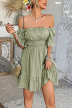 Contrast Trim Off Shoulder Ruffle Neck Smocked Waist Tiered Mini Dress