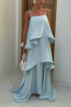 Adjustable Strap Ruffle Layered Satin Maxi Dress