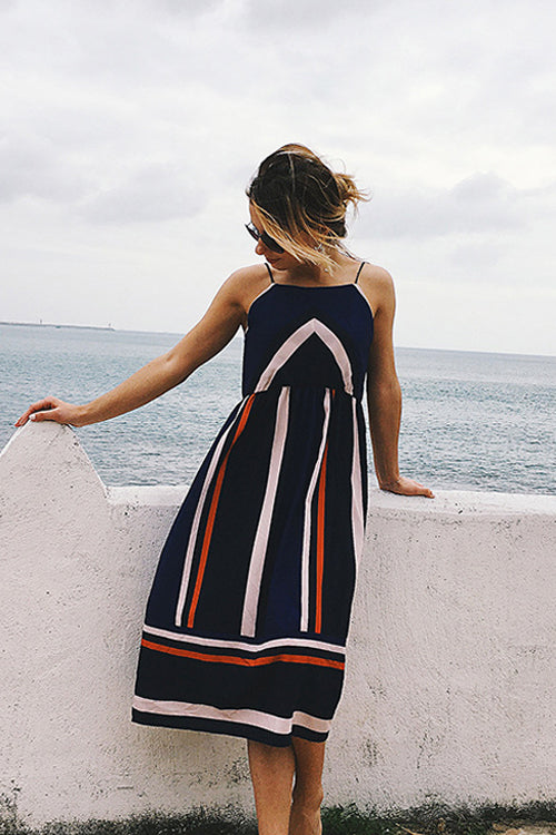 Geometric Chevron Stripe Spaghetti Strap Square Neck A-Line Midi Dress