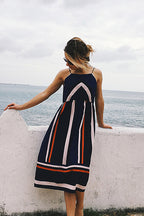 Geometric Chevron Stripe Spaghetti Strap Square Neck A-Line Midi Dress