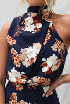 Satin Floral Print Halter Neck Cowl Neck Two Piece Set
