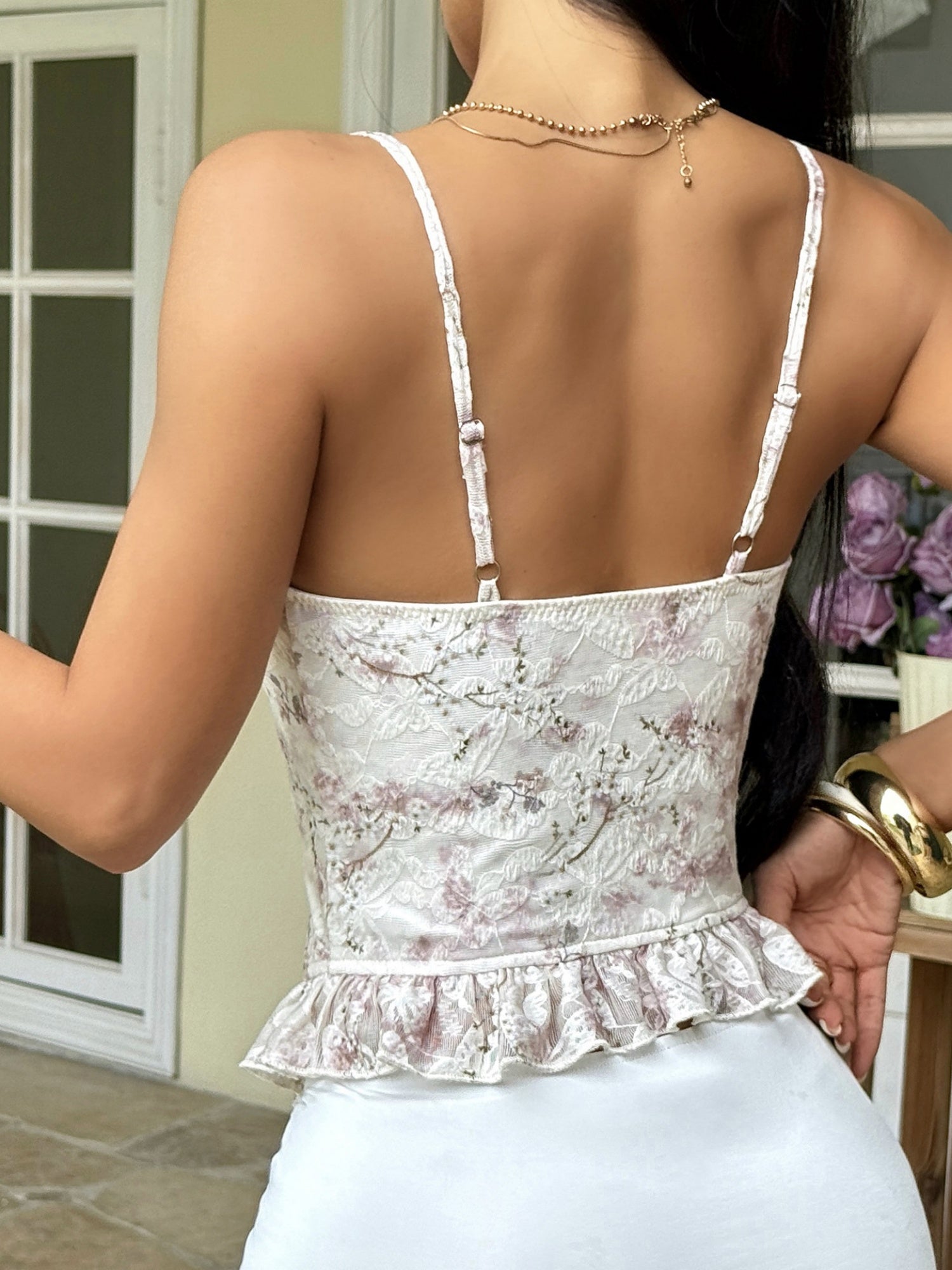 Printed Lace Trim Straps Tank Top