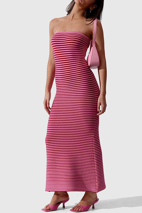 Strapless Tube Striped Knit Maxi Bodycon Dress