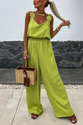 V Neck Backless Waisted Wide Leg Floral Cami Jumpsuit