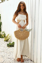 Square Neck Spaghetti Strap Waist Cut Out Gathered Bodice Maxi Dress
