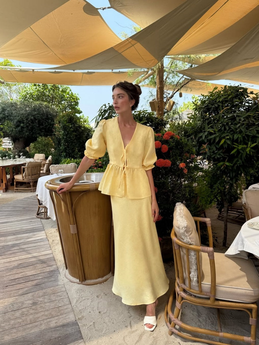 Two-piece Set: Puff-sleeved V-neck Tie-front Top And High-waisted Skirt