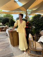 Two-piece Set: Puff-sleeved V-neck Tie-front Top And High-waisted Skirt