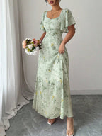 Butterfly Print Lotus Leaf Sleeves Pleated Slim Fit Maxi Dresses