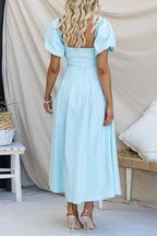 Twist Front Puff Sleeves Cut Out Pocketed Maxi Dress