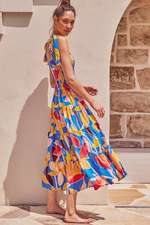 Floral Print Smocked Tie Shoulder Tiered Ruffle Maxi Dress
