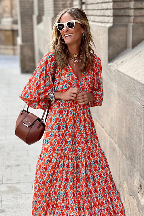 Geometric Lattice Print V-Neck Puff Sleeve Tiered Maxi Dress