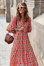 Geometric Lattice Print V-Neck Puff Sleeve Tiered Maxi Dress