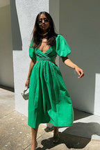 Deep V-Neck Puff Sleeve Side Waist Cutout A-Line Midi Dress