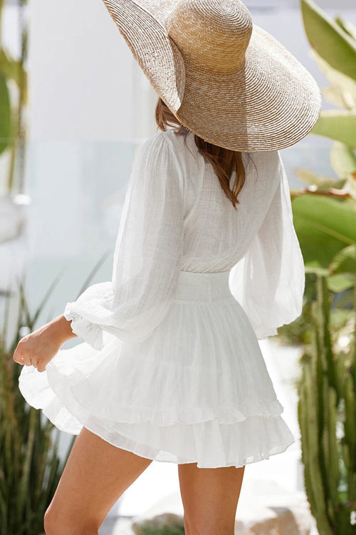 Tie Front Puff Sleeve Smocked Waist Tiered Ruffle Mini Set