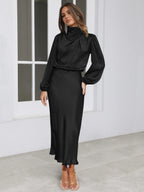 Satin Long Sleeve Loose Turtleneck Midi Dresses