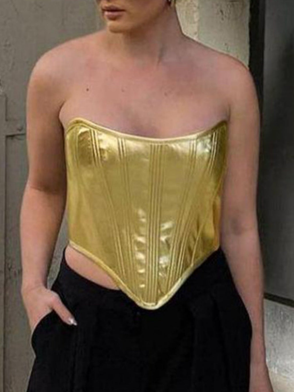 Imitation PU Metallic Luster Sleeveless Straps Strapless Vest
