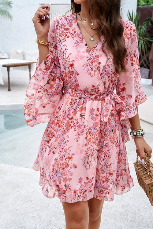 Floral Print Wrap V-Neck Three Quarter Sleeve Tie Waist Ruffle Hem Mini Dress