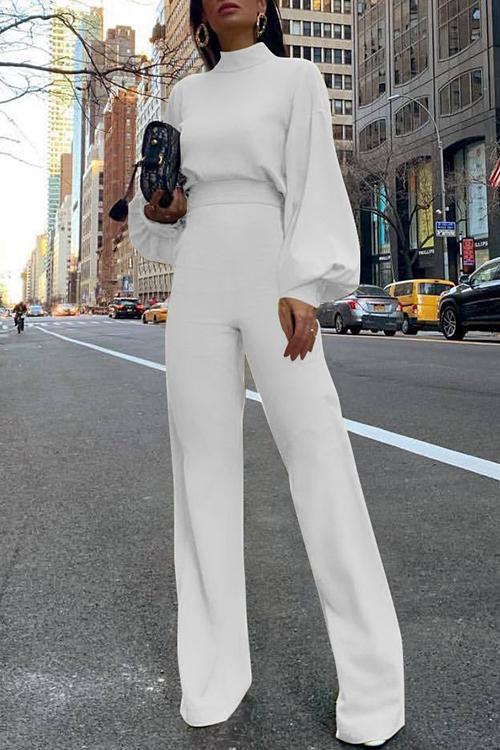 Solid Mockneck Lantern Sleeve Waisted Straight Leg Jumpsuit