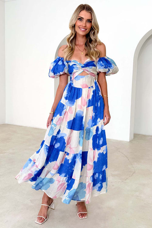 Off Shoulder Twist Front Cut Out Puff Sleeve Tiered Floral Maxi Dress